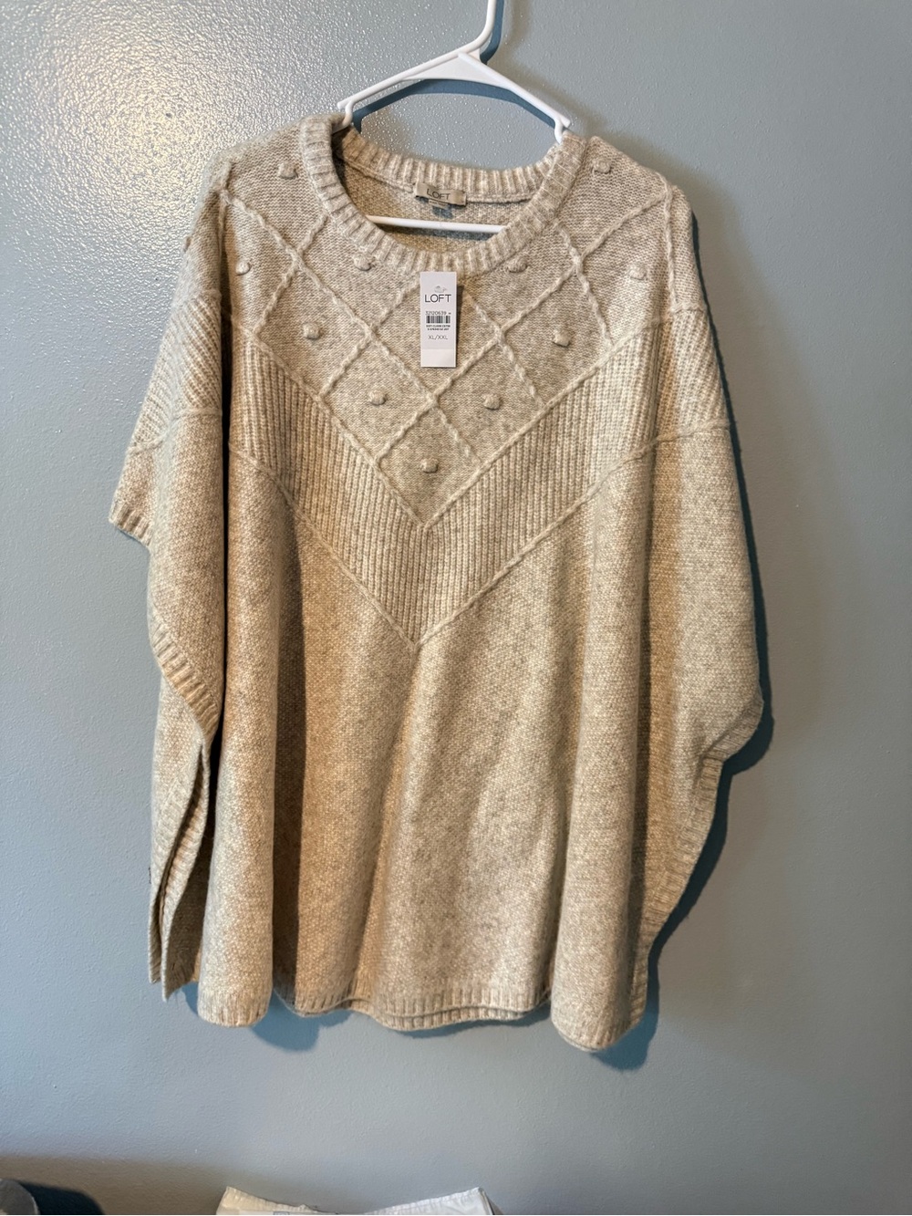 LOFT Cream Knit Poncho with Textured Diamond Detail